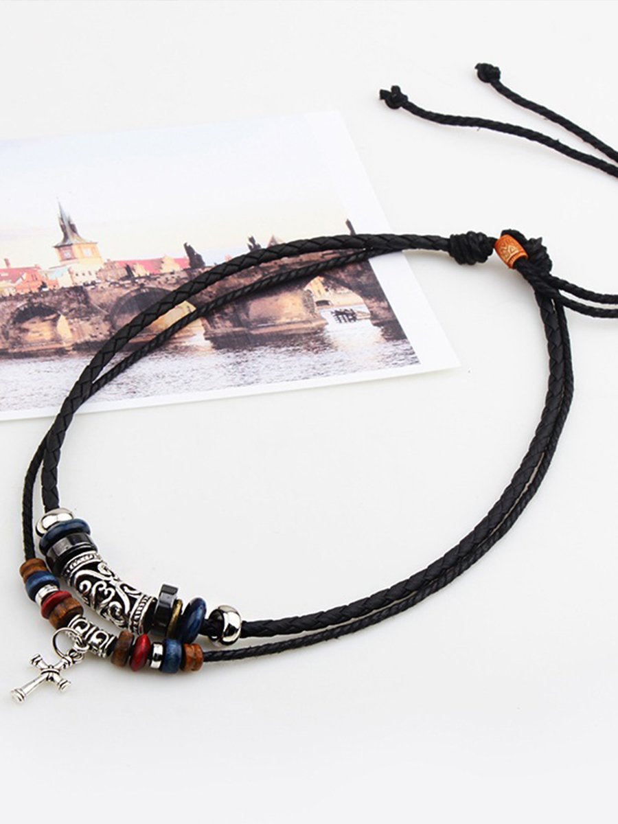 Literary Retro Cotton and Linen Cross Wood Bead Necklace