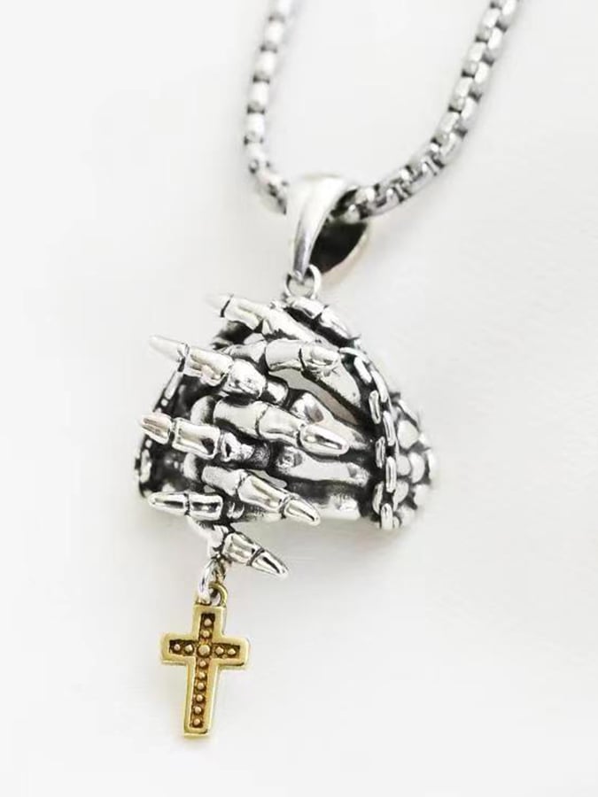 Men's Skull Cross Praying Hands Pendant Necklace