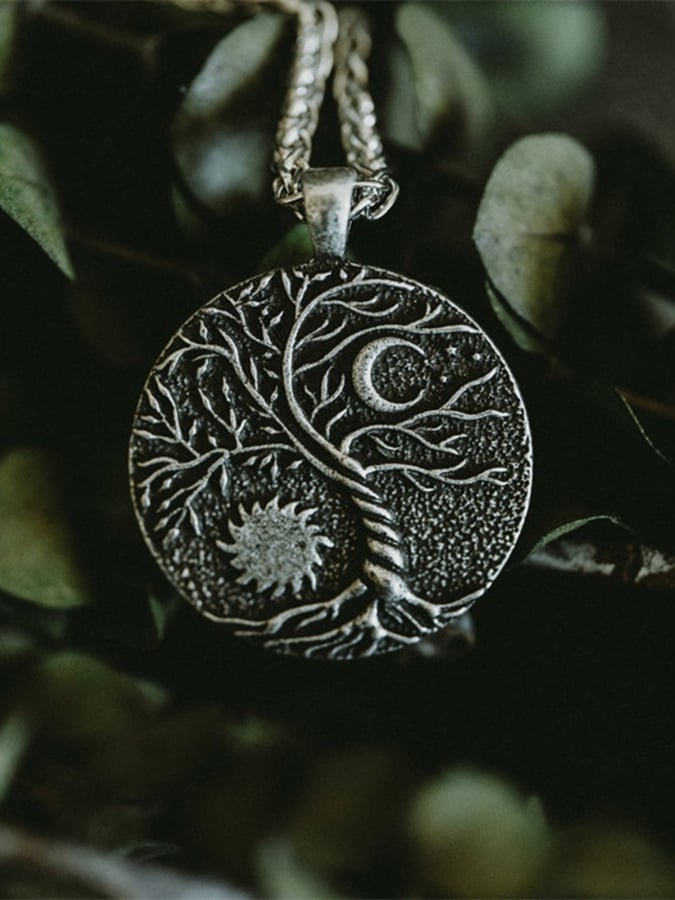 Men's Vintage Tree of Life Sun and Moon Pendant Necklace