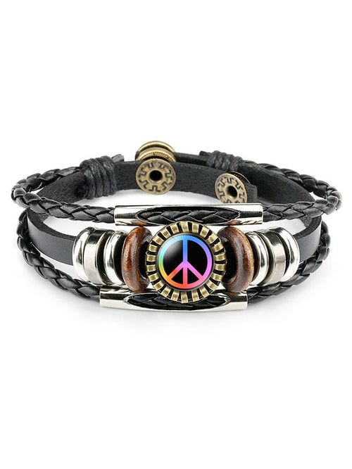 Men's Rasta Peace Sign Woven Leather Bracelet