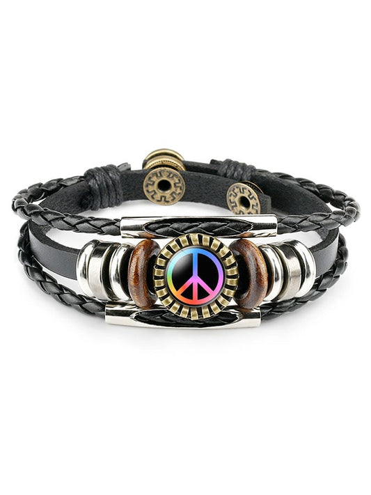 Men's Rasta Peace Sign Woven Leather Bracelet