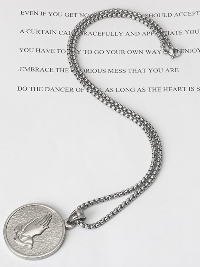 Men's Vintage Stainless Steel Praying Hands Pendant Necklace