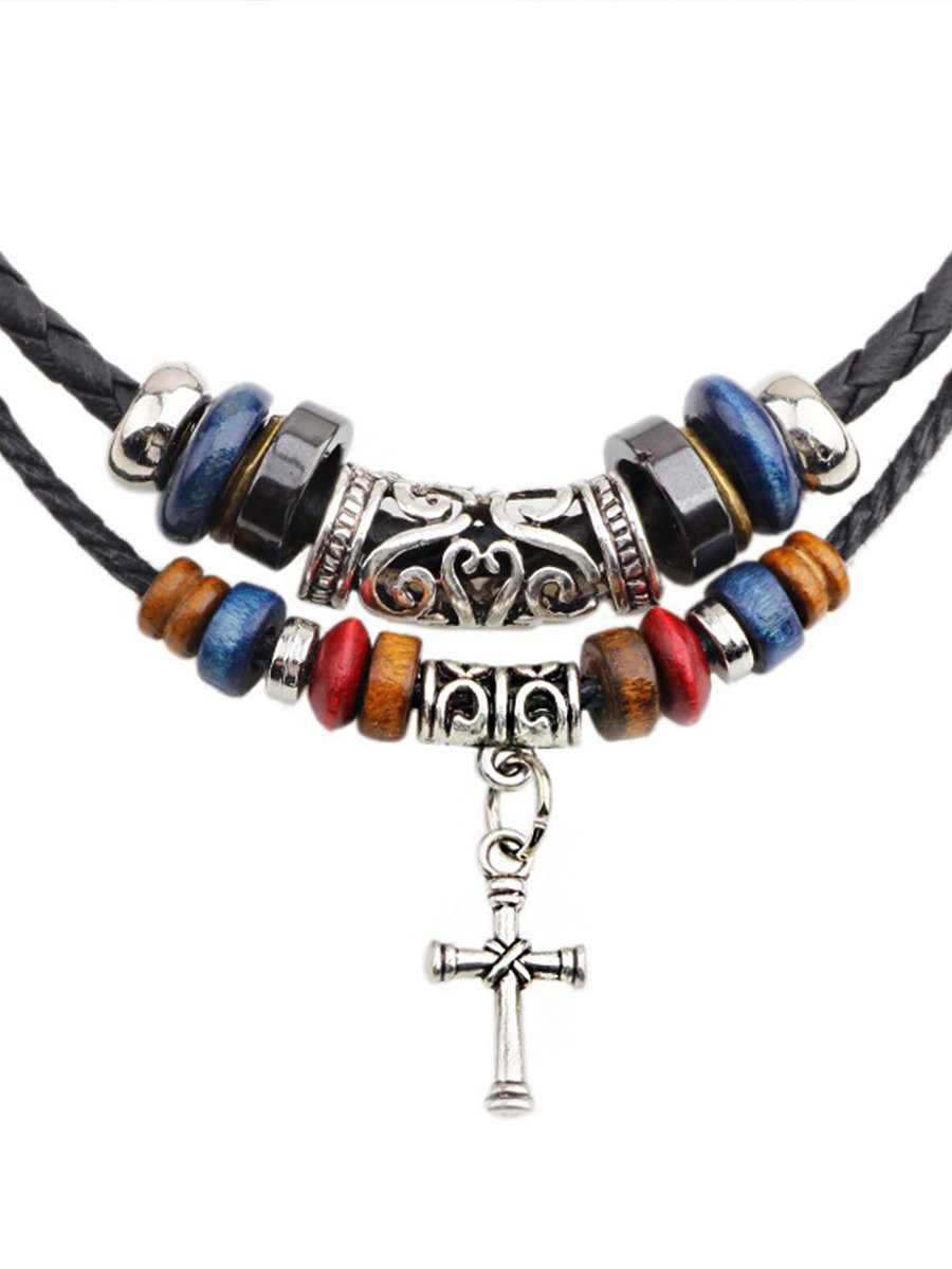 Literary Retro Cotton and Linen Cross Wood Bead Necklace