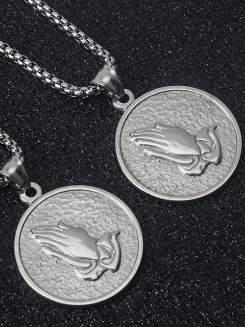 Men's Vintage Stainless Steel Praying Hands Pendant Necklace