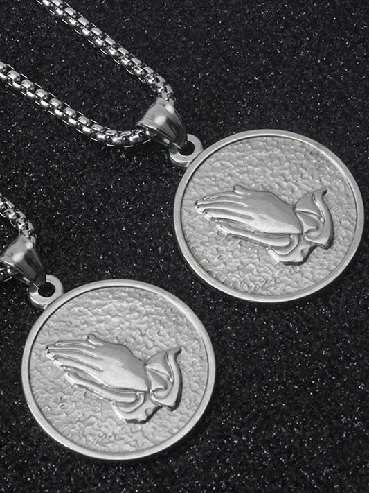 Men's Vintage Stainless Steel Praying Hands Pendant Necklace