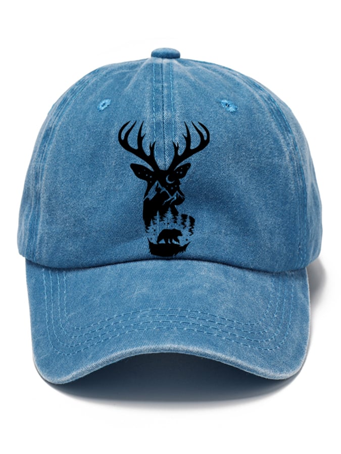 Distressed Washed Cotton Western Elk Print Hat For Men And Women