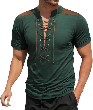 domirica Mens Western Print Lace Up Short Sleeve Shirts