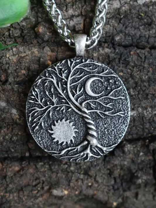 Men's Vintage Tree of Life Sun and Moon Pendant Necklace