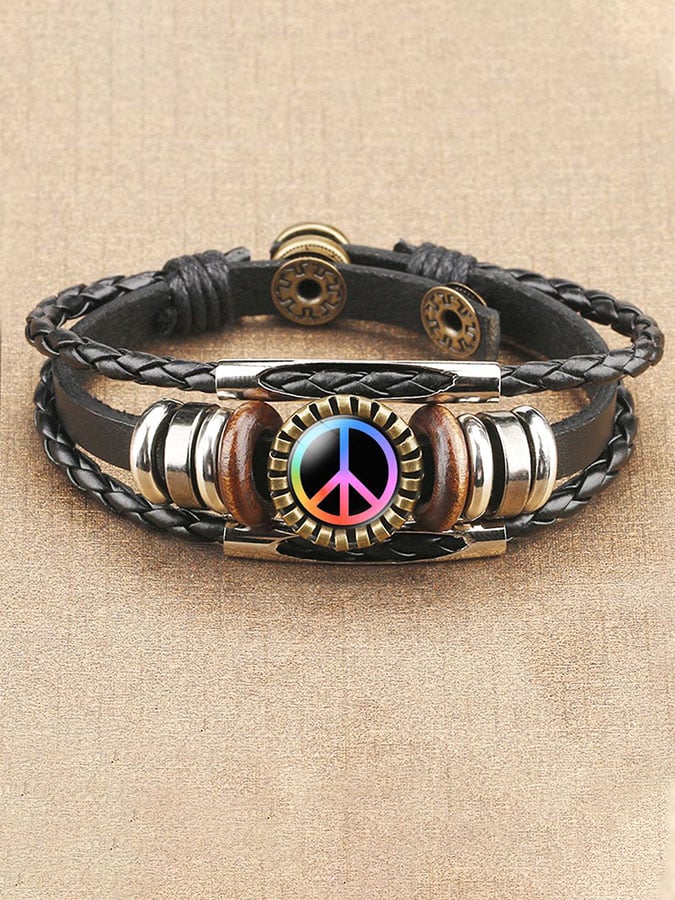 Men's Rasta Peace Sign Woven Leather Bracelet