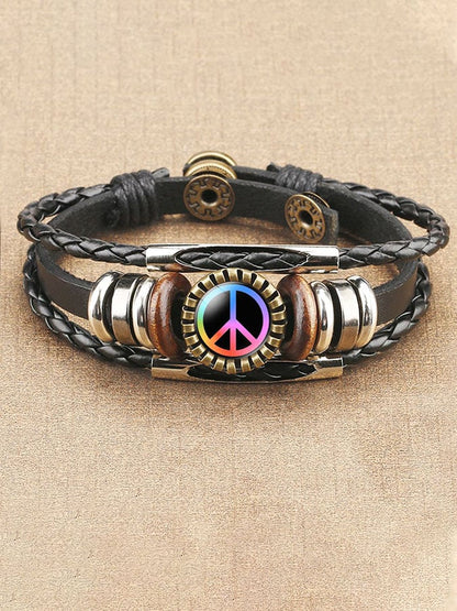 Men's Rasta Peace Sign Woven Leather Bracelet