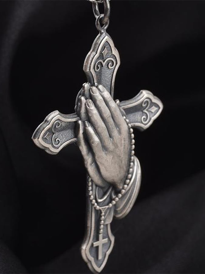 Men's Vintage Christian Cross Praying Hands Necklace