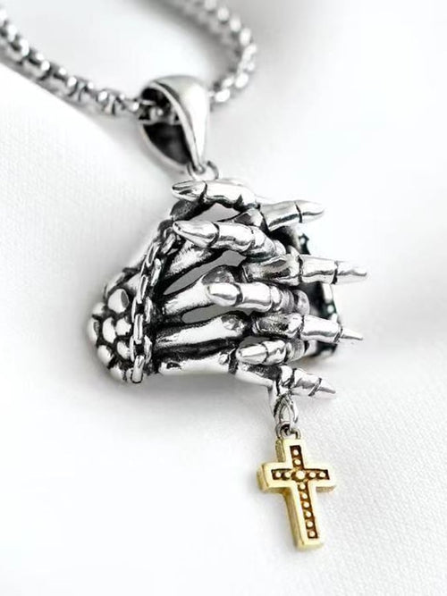 Men's Skull Cross Praying Hands Pendant Necklace