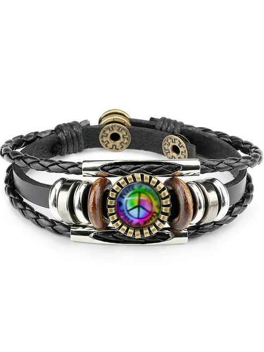 Men'S Rasta Peace Sign Braided Leather Bracelet