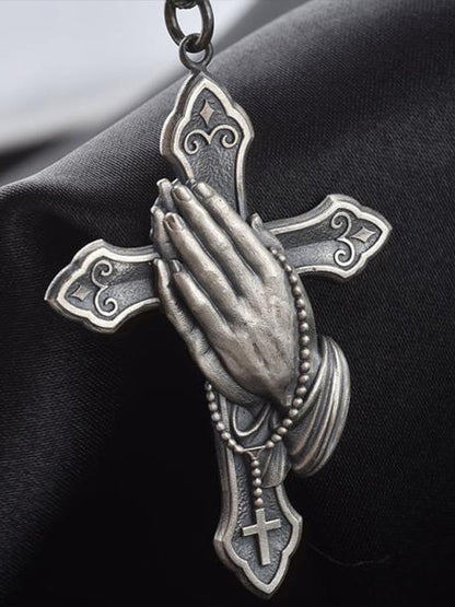 Men's Vintage Christian Cross Praying Hands Necklace