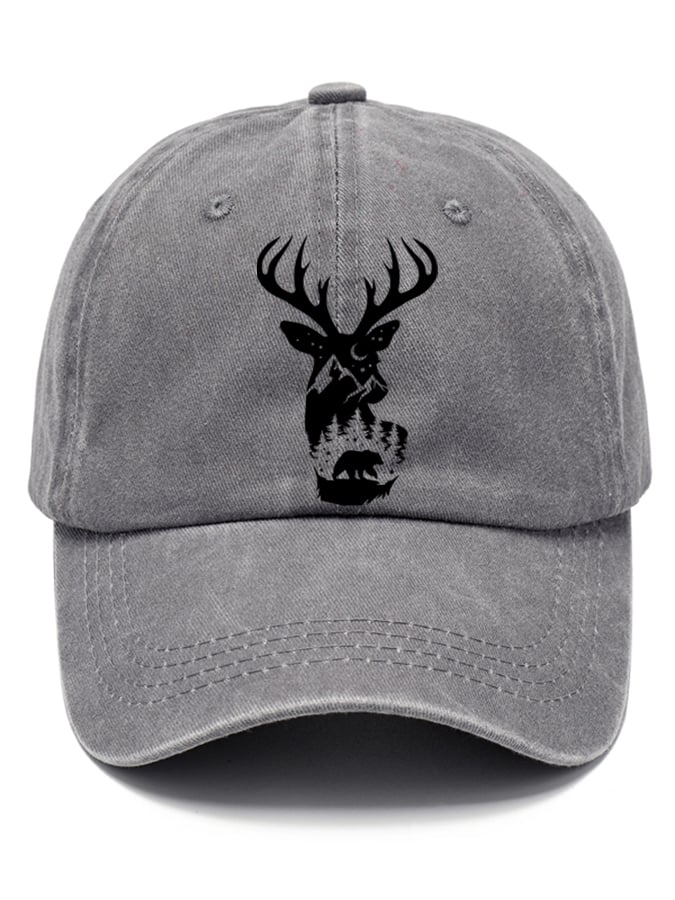 Distressed Washed Cotton Western Elk Print Hat For Men And Women